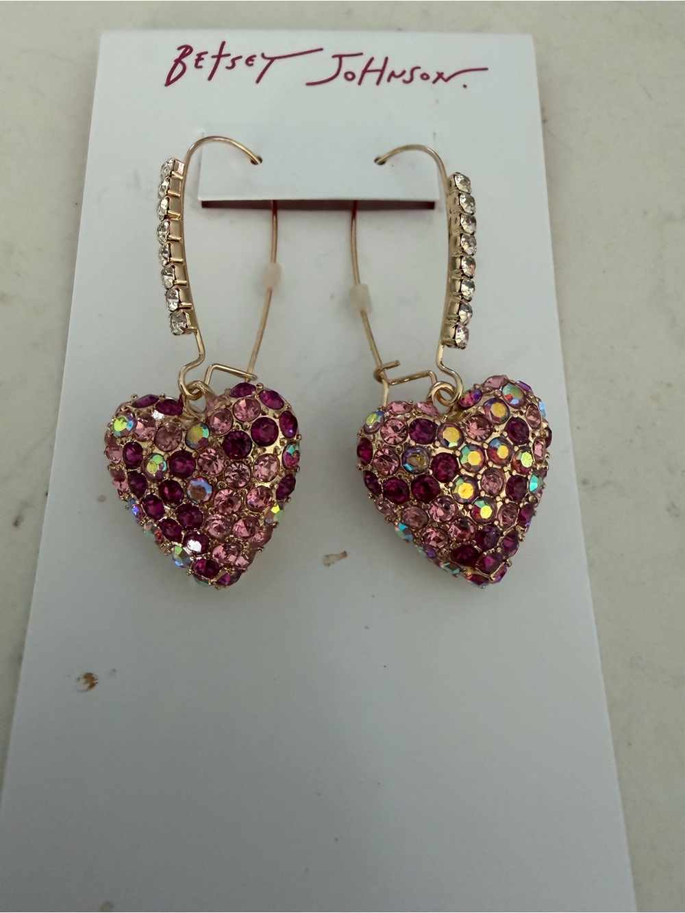 Betsey Johnson Gold-Tone Pink & Iridescent Crystal Heart Dangle Earrings